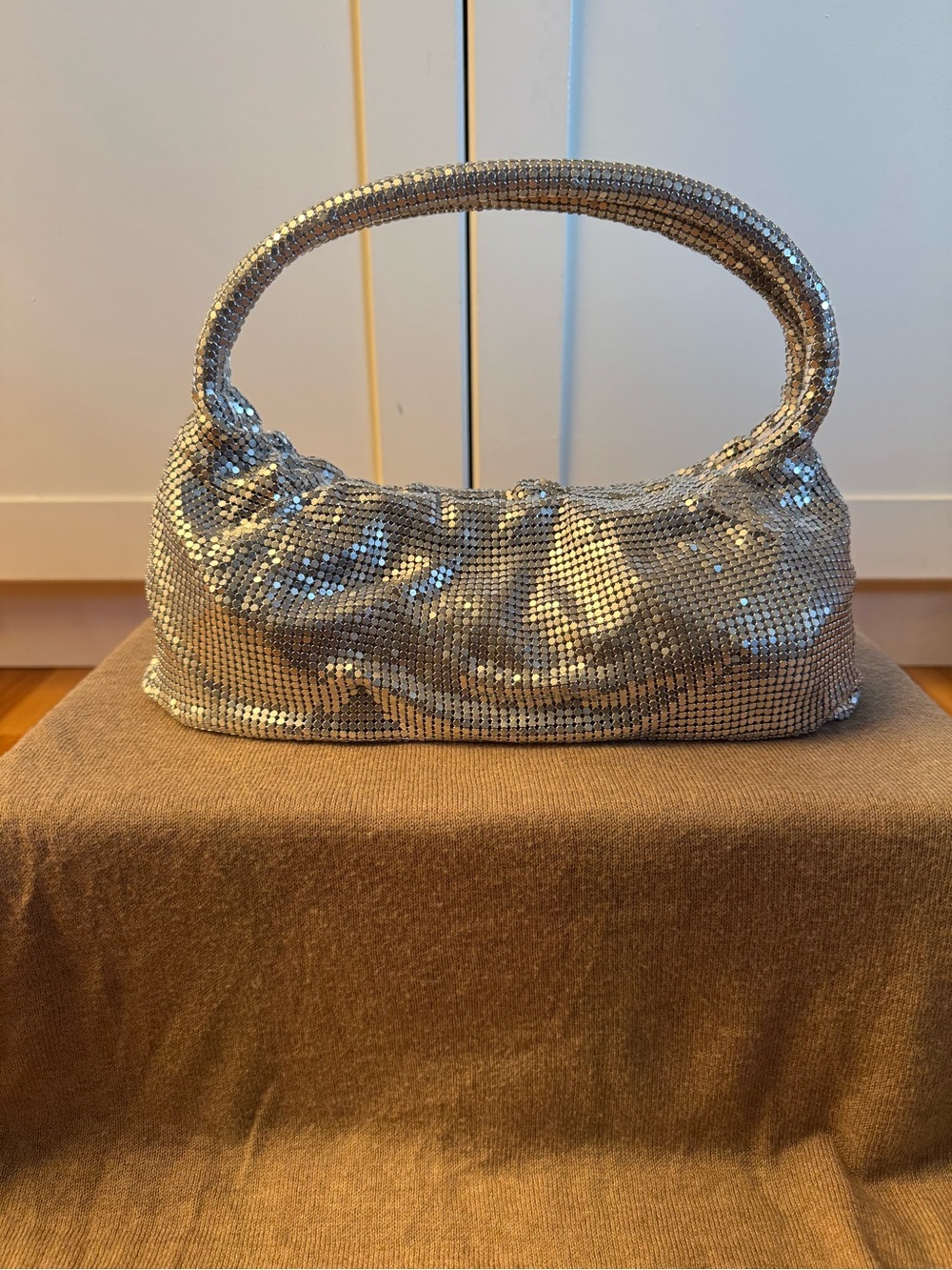 Nina Joyce Silver Metallic Mesh Top Handle Evening Bag